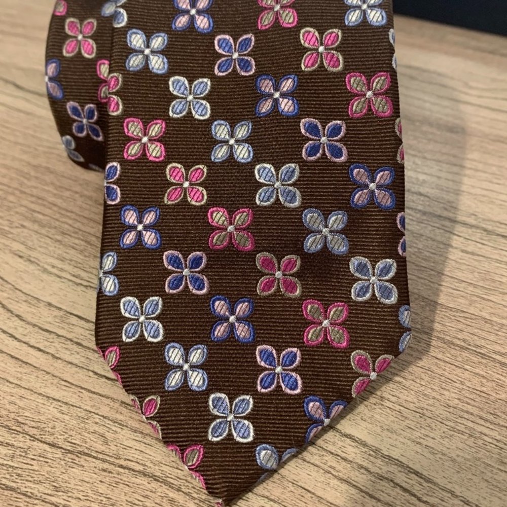 TM LEWIN Brown Blue Pink Floral Silk Neck Tie